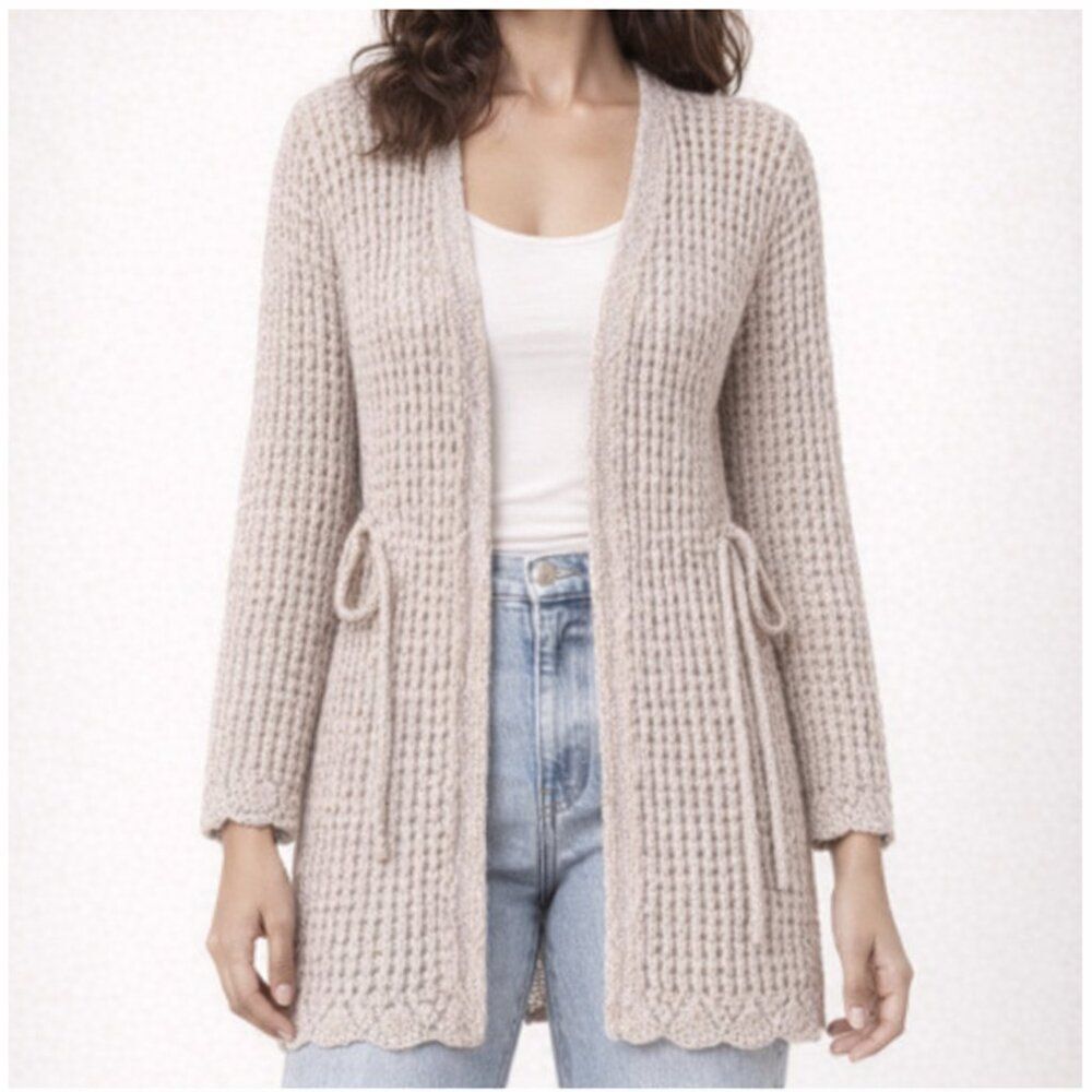 NWT Light Beige / Taupe Open-Weave Knit Belted Long Cardigan Neutral Basic XS/S